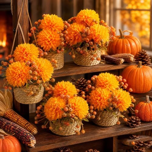 5 Pack Artificial Fall Flowers For Outdoors Fake Mums With Woven Basket Pot - image 1