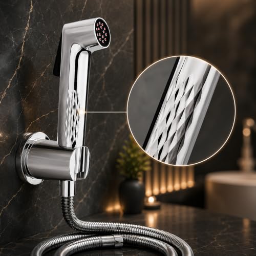 Image of No Block Health Faucet for Toilet (Complete Set) - German Engineered SS304 Hose (1.5m) & Wall Hook - Self-Cleaning High Pressure Jet Spray - Chrome Finish