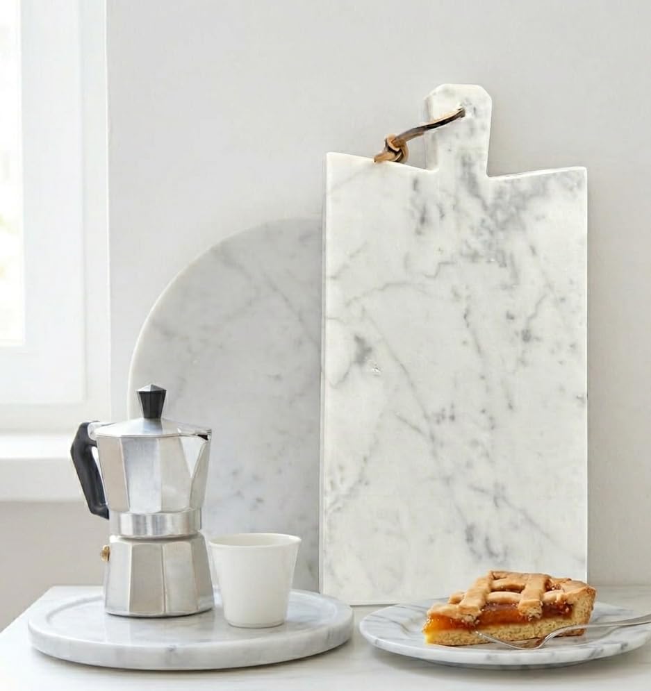 Tagliere in Marmo Bianco di Carrara Artigianale - Vassoio da Portata di Lusso 30x15 cm - Made in Italy, Ideale per Formaggi e Antipasti, con Cordino in Cuoio/Juta