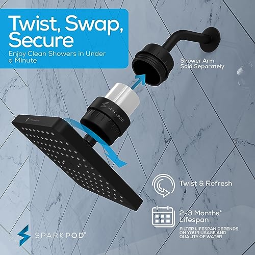 Image of SparkPod Filtered Shower Head, 23-Stage, 8 inch Square, Black Matte | Showerhead for Hard Water, High Pressure, Reduces Chlorine, Heavy Metals, For Dry Skin & Hair, Removable Capsule Filter