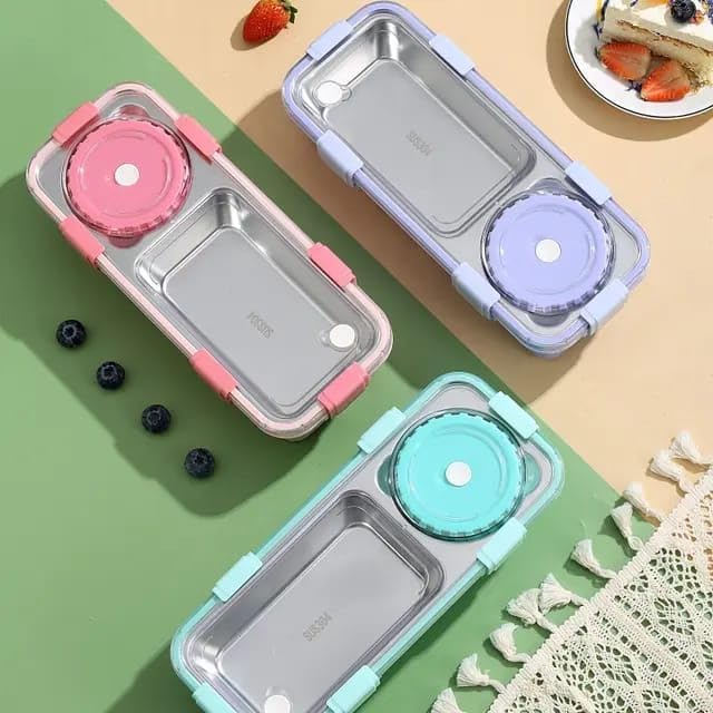 Image of Lunch Buddy Stainless Steel Bento Lunch Box Set for Food 600ml, 2 Compartment, 150ml Container 100% Leak-Proof Design Lunchbox for Office Adults & School Kids (Green)