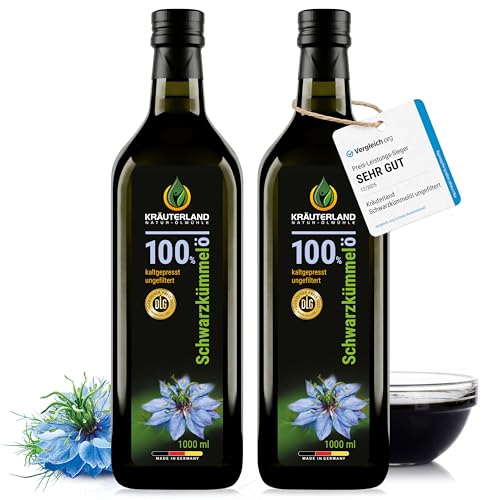 Kräuterland Schwarzkümmelöl 2X1 Liter Kaltgepresst Ungefiltert Thymochinonreich ägyptische Samen Mühlenfrisch 100% Nigella Sativa Naturrein ohne Zusatzstoffe lichtgeschützten Glas
