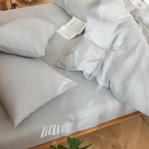 Image of MooMee Striped Duvet Cover Set 100% Washed Cotton Linen Like King | Relaxed Linen-like Texture. Soft, Breathable & Long-lasting Comfort. Lightweight. Hidden Zipper with 8 Interior Corner Ties
