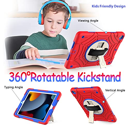 Bmouo Ipad 9Th/8Th/7Th Generation Case - Ipad 10.2 Case 2021/2020/2019 With Screen Protector, 360 Rotating Stand Hand & Shoulder Strap Shockproof Kids Case For Ipad 10.2 Inch 9/8/7 Generation, Red #TOP4