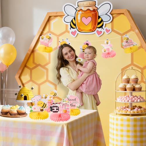 Image of 9pcs Happy 1st Bee Day Honeycomb Centerpieces Bumble Bee First Birthday Party Table Decorations Pink It's My 1st Bee Day Table Centerpiece for Girl Baby Shower Sweet as can Bee Table Topper Sign Decor