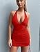 HOCILLE Women's Sexy Halter Bodycon V Neck Backless Ruched Drawstring Mini Club Party Dresses, Small, Red