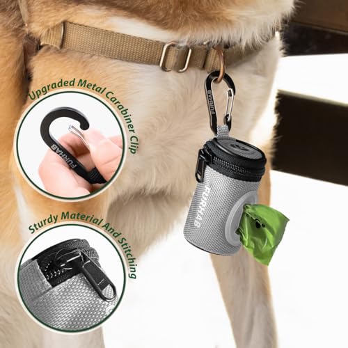 Image of FURHAB Glow Dog Poop Bag Holder for Leash Doggie Waste Bag Dispenser Puppy Potty Carrier Small Doggy Zipper Pouch with Carabiner Clip 1680D Nylon Oxford with 1 Roll of Pet Trash Bags, Silver