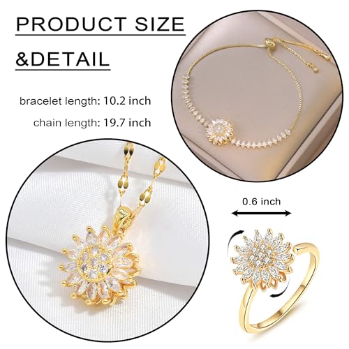 Spinning Sunflower Bracelet for Women Sunflower Fidget Necklace Ring Gold Zircon Jewelry Set for Anxiety Worry Relieving Adjustable Flower Jewelry Accessories Gifts 6