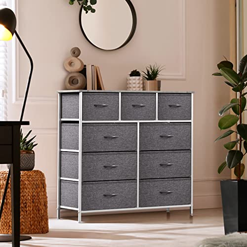 Sorbus Dresser With 9 Drawers - Furniture Storage Chest Tower Unit For Bedroom, Hallway, Closet, Office Organization - Steel Frame, Wood Top, Easy Pull Fabric Bins (Grey) #TOP1