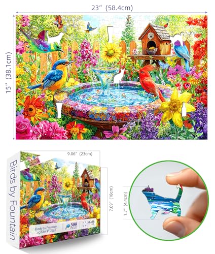 Image of Garden Birds 500 Piece Puzzles for Adults: Vibrant Spring Flower Birdbath Jigsaw Puzzles 500 Pieces, 23x15 Inch 500 Piece Puzzle Adult, Puzzles for Seniors & Adults Entertainment
