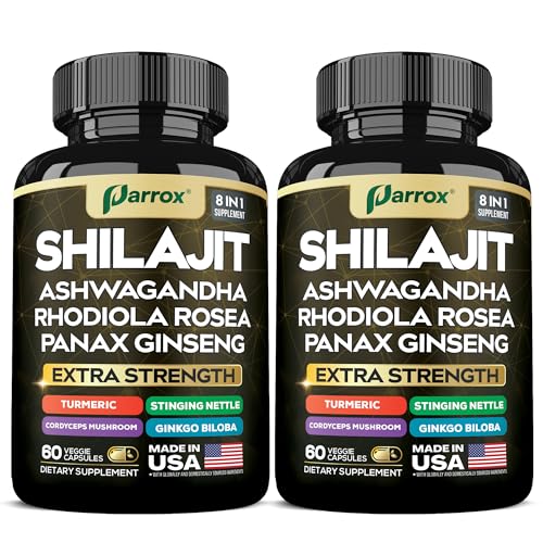 Parrox Shilajit Supplement, Panax Ginseng, Ashwagandha, Rhodiola Rosea, Cordyceps Mushroom, Stinging Nettle, Turmeric, Gingko Biloba – Pure Shilajit All In One Supplements for Men and Women (120 Caps)