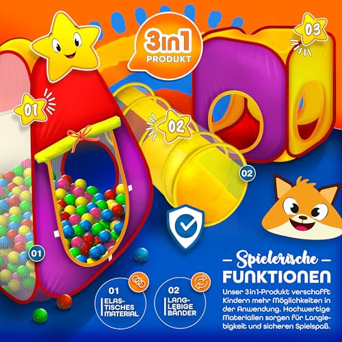 KIDUKU® 3-teiliges Bällebad Spielzelt Babyzelt + Krabbeltunnel + 200 Bälle + Tasche für drinnen und draußen