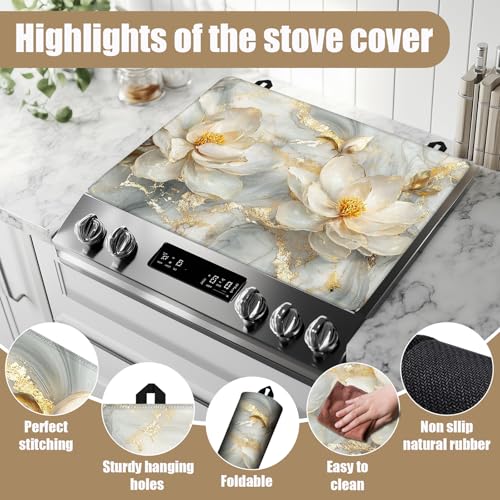 Image of Magnolia flower Stove Top Covers for Electric Stove,Gold Marble Electric Gas Stove Pad Heat Resistant Range Cooktop Protector for Home Decor Kitchen 28 inchx20 inch
