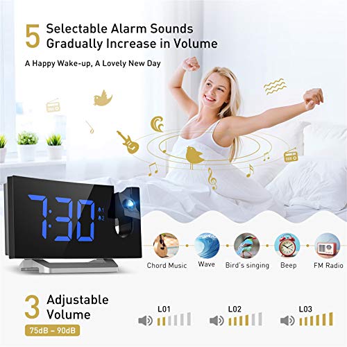 Mpow Projection Alarm Clock, Radio Digital Clock with USB Charger, 0-100% Full Range Brightness Dimmer, Dual Alarm Clock with 5 Sounds for Heavy Sleeper, Snooze - Thumbnail 4