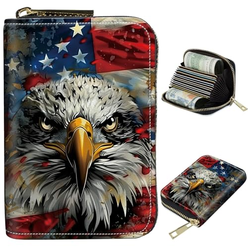Image of Cute Credit Card Holder with Zipper, Eagle American Flag RFID-Blocking Card Case Small Wallet for Women Men, Multi-slot Card Organizer Case Travel Accordion Wallet