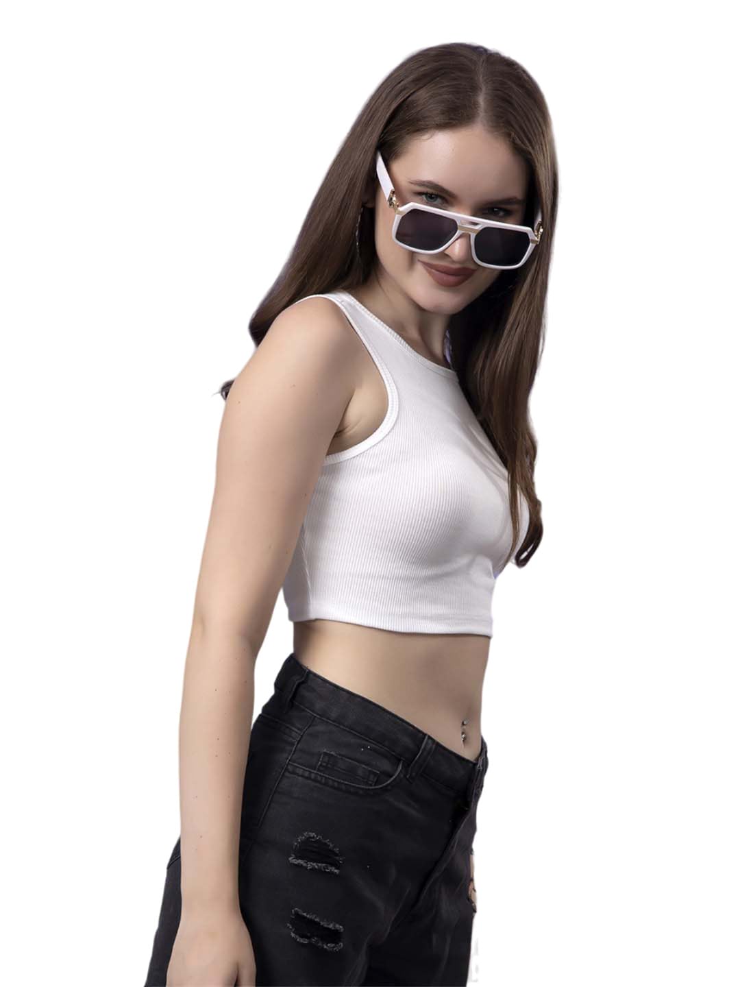 Friskers Crop Top for Women, Summer Tank Top, Ribbed Cropped Sleeveless Vest Casual Crew Neck Binding Crop Top (Small, White) 2