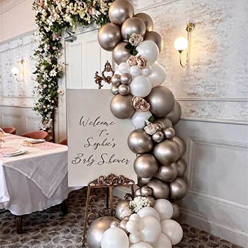 Image of Champagne Gold and White Balloons, 60Pcs Beige White Sand Metallic Gold Pearl White Balloons for Girls, Neutral Ivory White Gold Balloons for Women Birthday Boho Wedding Engagement Party Decorations