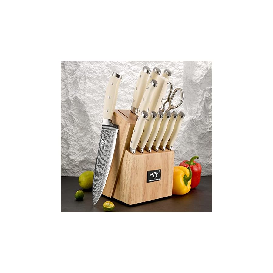 Knife Set, 14 Pieces Damascus Kitchen Knife Set with Block, ABS Ergonomic Handle for Chef Knife Set, Knife Sharpener and Kitchen Shears, Knife Block Set for Chopping, Slicing & Cutting