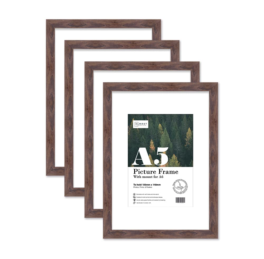 Almost Frameless A5 Walnut Picture Frame Set of 4, Display A6 Pictures with Mount or A5 Without Mount Gallery Wall, Poster, Photo, Artwork, or Print, Walnut