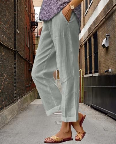 Womens Cotton and Linen Casual Pants Summer Elastic Waist Drawstring Straight Wide Leg Loose Fit Pockets Pant4