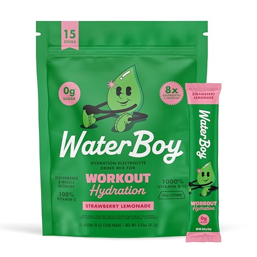 Waterboy Workout Hydration | 2,960mg Sugar Free Electrolyte Powder Packets | L-Glutamine + Vitamins | No Sugar, All Natural, Gluten Free | 15 Drink Stick Mixes (Strawberry Lemonade)