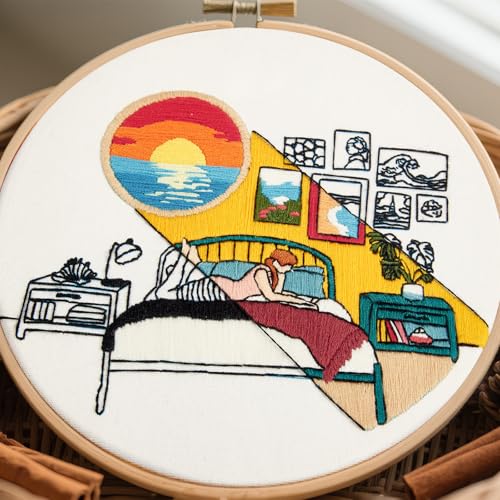 Image of Embroidery Kits for Beginners Adults Sunrise Hand Embroidery Starter Kits, Cross Stitch Kits for Beginners DIY Craft Kits for Adults Women, Entire Set of Embroidery Supplies Full-length Video Tutorial