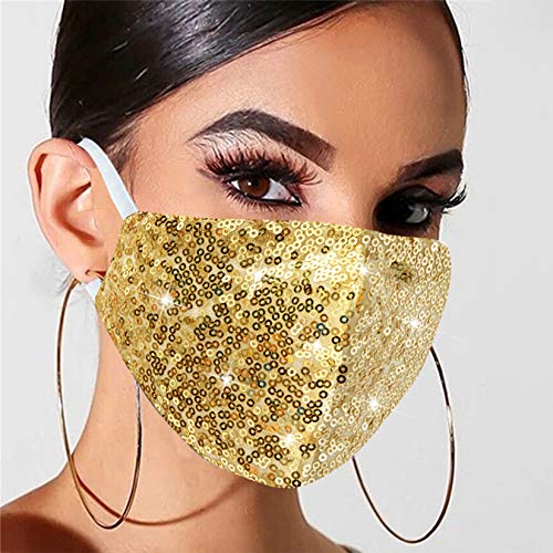 Image of Sparkly Sequins Mouth Masc Fashion Designer Glitter Cotton Face Cover With Adjustable Ear Loops Reusable Masquerade Party Nightclub Rave Festival Sequins Face Covering (Gold)