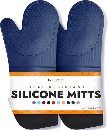 Image of BPA-Free Soft Silicone Oven Mitts - Ultra Heat Resistant Oven Mitts with Thick Cotton Liner - Extra Long Slip Resistant Pot Holders, Flexible Oven Gloves - Navy 14.7 inch