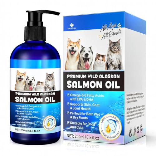 SteriMedo Lachsöl für Hunde & Katzen 250 ml, Omega 3-6 Fischöl aus Wildlachs, Unterstützt Fell, Haut, Gelenke, Hochdosierter Futterzusatz, Geeignet für alle Rassen