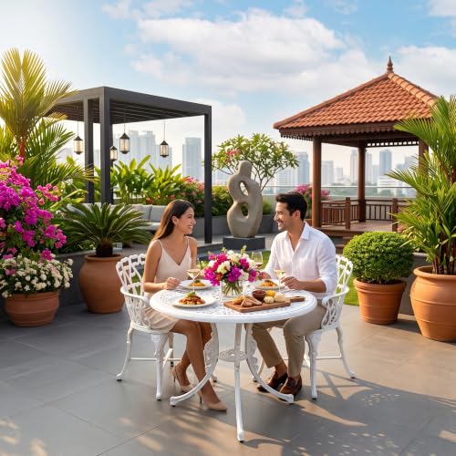 Image of BRISHI Cast Aluminium Garden Patio Seating Chair and Table Set for Balcony Outdoor Furniture with 1 Table and 2 Chair Set (White)
