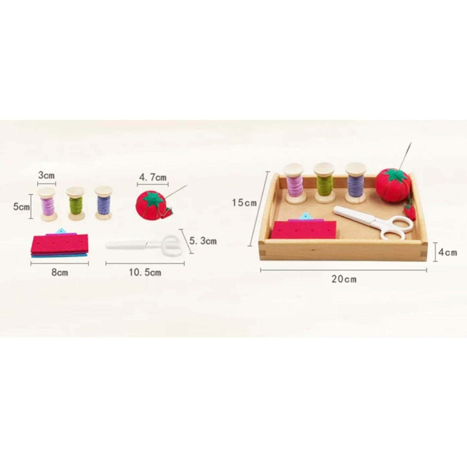 Montessori Nähen & Sticken Praxis-Set für das Reale Leben, Kinder Set für Feinmotorik beim Nähen mit Tablett aus Holz