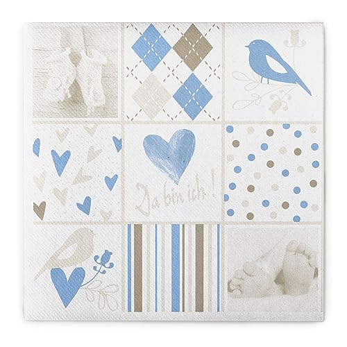 Sovie HOME Serviette BABY in Blau aus Linclass® Airlaid, 40 x 40 cm, 12 Stück, Design: „Da bin ich“ mit Babyfüßen, Herzen, Punkten und Streifen im Patchwork-Stil - Ideal für Baby-Shower & Taufe