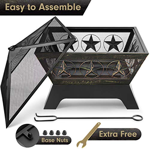 AMAGABELI GARDEN & HOME Fire Pit Outdoor for Outside Firepit Bowl Wood Burning 24in Square with Fireplace Fire Poker Spark Screen Mesh Cover for Yard Bonfire Camping Mesh Lid Rustproof Bronze - Image 5