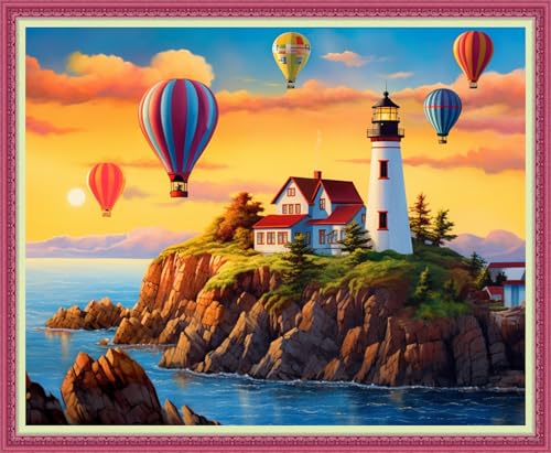 Image of Disnesart Cross Stitch Stamped Full Embroidery Kits DIY 11CT Cotton Thread Printed DIY Needlepoint Kits Craft Needlework Set Cross-Stitch Stamped Sets-Seaside Lighthouse hot air Balloon 16x20 inch