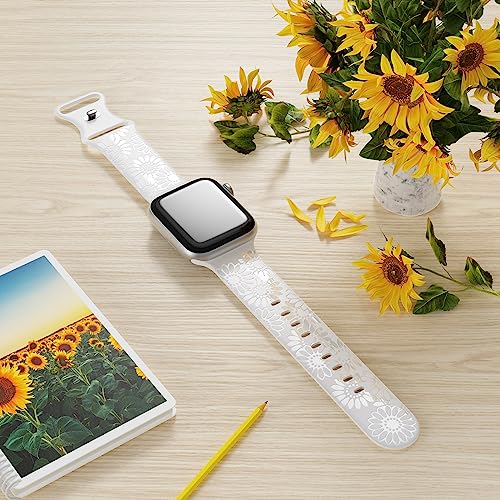 Image of Sunflower Engraved Band Compatible with Apple Watch Bands 38mm 40mm 41mm 42mm 44mm 45mm 49mm Women, Designer Soft Glossy Floral Silicone Strap for iWatch Series Ultra 11 10 9 8 7 6 SE 5 4 3 2 1