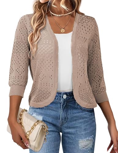 Image of REDHOTYPE Women's 3 /4 Sleeve Cardigan Open Front Cropped Shrugs Summer Hollowed Lightweight Cardigans Sweater (S-XL)