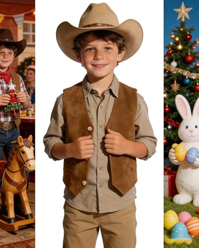 Image of Retro Boys Western Cowboy Vest for Kids Leather Suede Waistcoat | vintage dress vests, welt pockets, v-neck, adjustable waist, formal slim fit, wedding outfit, farm christmas birthday prom