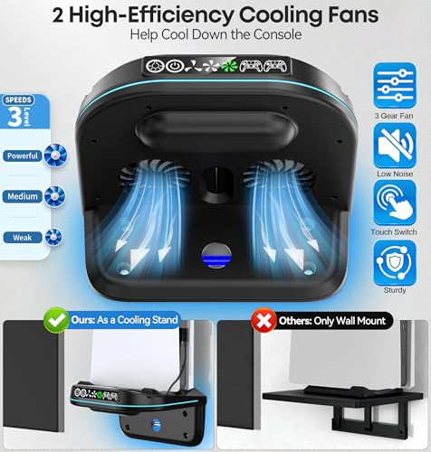 Image of P5 Wall Mount Kit Cooling Station with Dual Controller Charger, Floating Shelf Behind TV for P5 /Slim /Pro, Wall Bracket Compatible with P5 Disc & Digital, 9 RGB Lights P5 Fan Accessories, Black