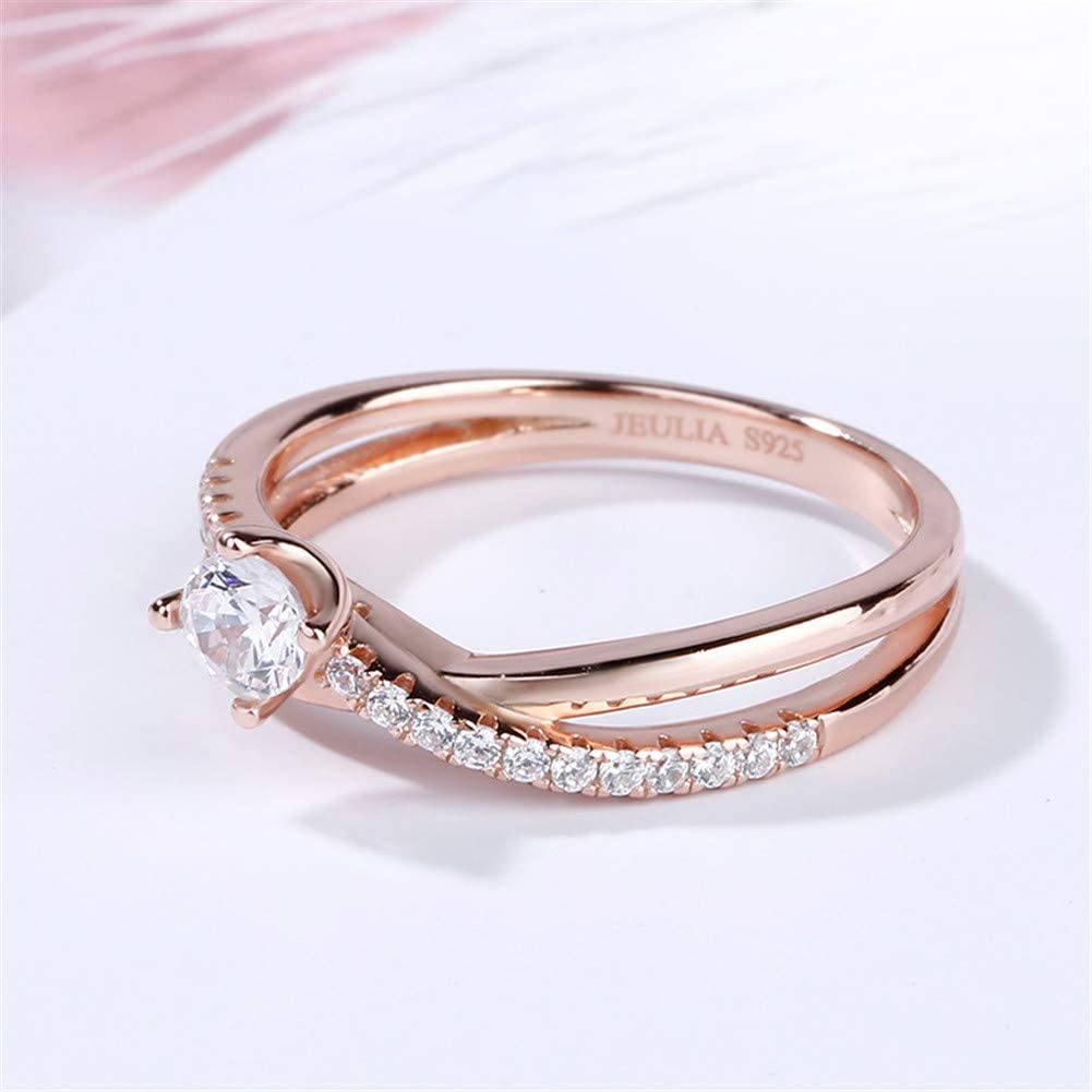 Jeulia Anillos de promesa de plata de ley solitario chapado en oro rosa 18k anillos de corte redondo para cumpleaños, boda, compromiso