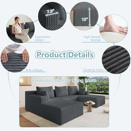 Image of 107 inch W Boneless Cloud Sectional Couch Modular Sofa with Ottoman