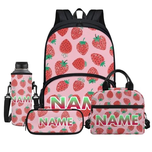 Red Strawberry Student Backpacks, Cartoon Fruit School Bookbag for College Laptop Backpack, Pink Lunch Bag Water Bottle Holder 4 Set Pen Bags