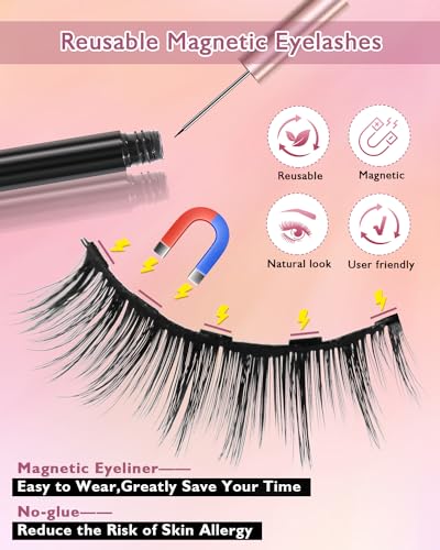 Image of Batfield 3 Pairs Magnetic False Eyelashes - Reusable Fake Eyelashes with Eyeliner and Tweezer - Artificial Eye Lashes for Women Natural Wispy(Style 7)