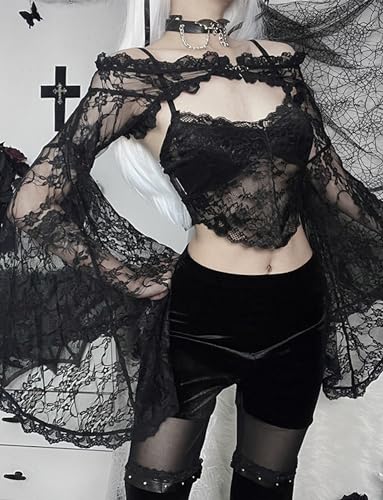 Women's Goth Shrug Black Gothic Crop Top Floral Lace Shrug Blouse See Through Sheer Shawl Cardigan Top2