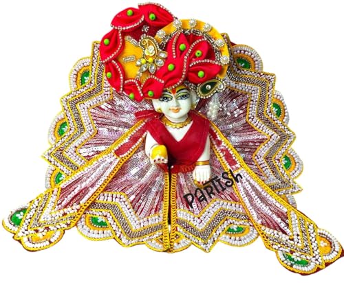 Image of Partish Laddu Gopal Heavy Dress for Janmashtmi with Mukut and Patka l Ladoo Gopal Dress l Bal Gopal l Kanha Ji Thakur Ji Heavy Dress (Size 2, Red)