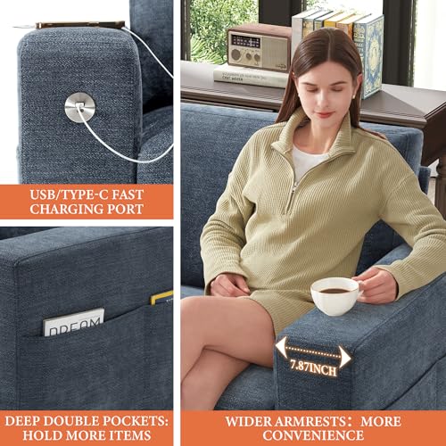 Image of Ihanherry Modern Sofa Living Room Couch with USB /Type-C Charging Port, Comfy 3-Seats Chenille Recliner Sofa for Small Space, Removable Medium Firm Cushion, (89inch, Blue)