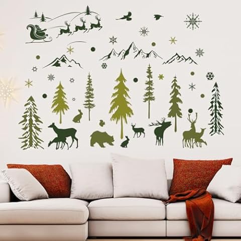 Forest Wall Stickers Pine Trees Wall Decals Mountain Jungle Animasl Wall Decor Green Forest Window Clings Peel and Stick Waterproof Removable Vinyl Wall Art for Bedroom Cover