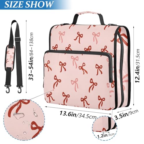 Image of 3 Ring Zipper Binder with Shoulder Strap Cute Red Bows Pink B 1.5 inch Binders Keeper Large Capacity Multi Pockets for School Office Supplies