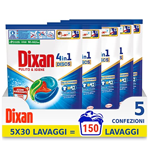Dixan Discs Higiene - Detergente para lavadora en cápsulas, paquete de 5 x 30 lavados