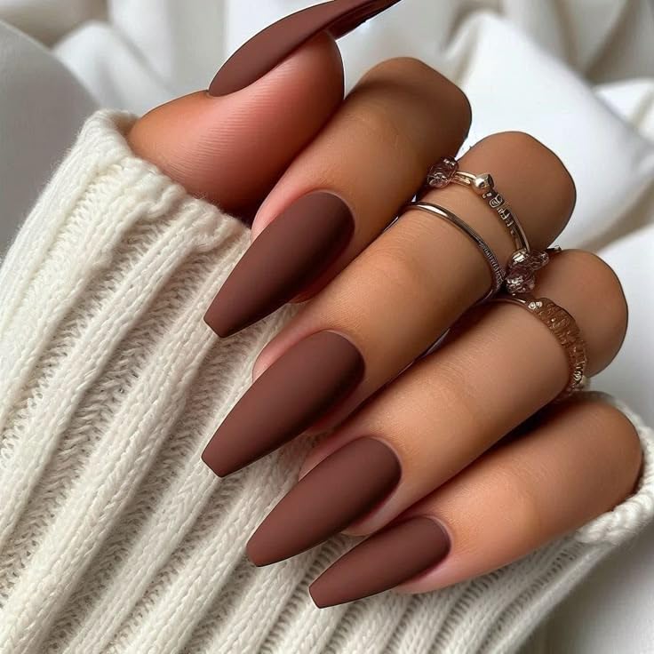 Set of 14 pc, Matte Brown Press-on Nails, Long Coffin Shape, Artificial Nail Extensions with free glue kit-image-13