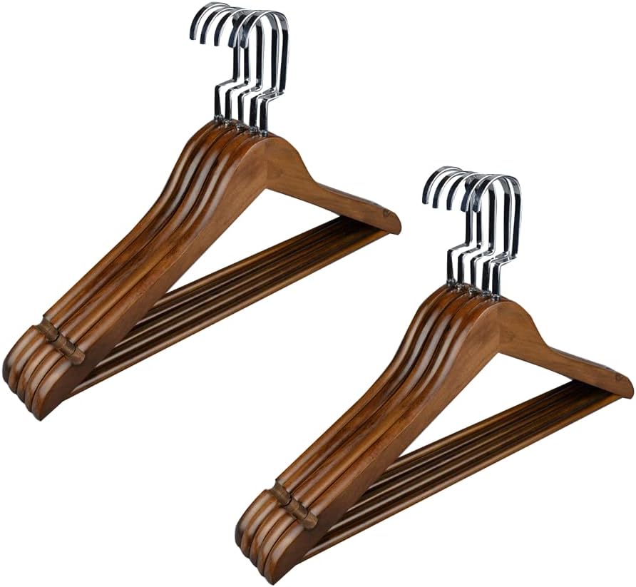 Space Saving Hangers for Clothes Non Slip Hangers Strong Wooden Coat Hangers with Trouser Bar and Shoulder Notches Pack of 10 Hangers Coat,